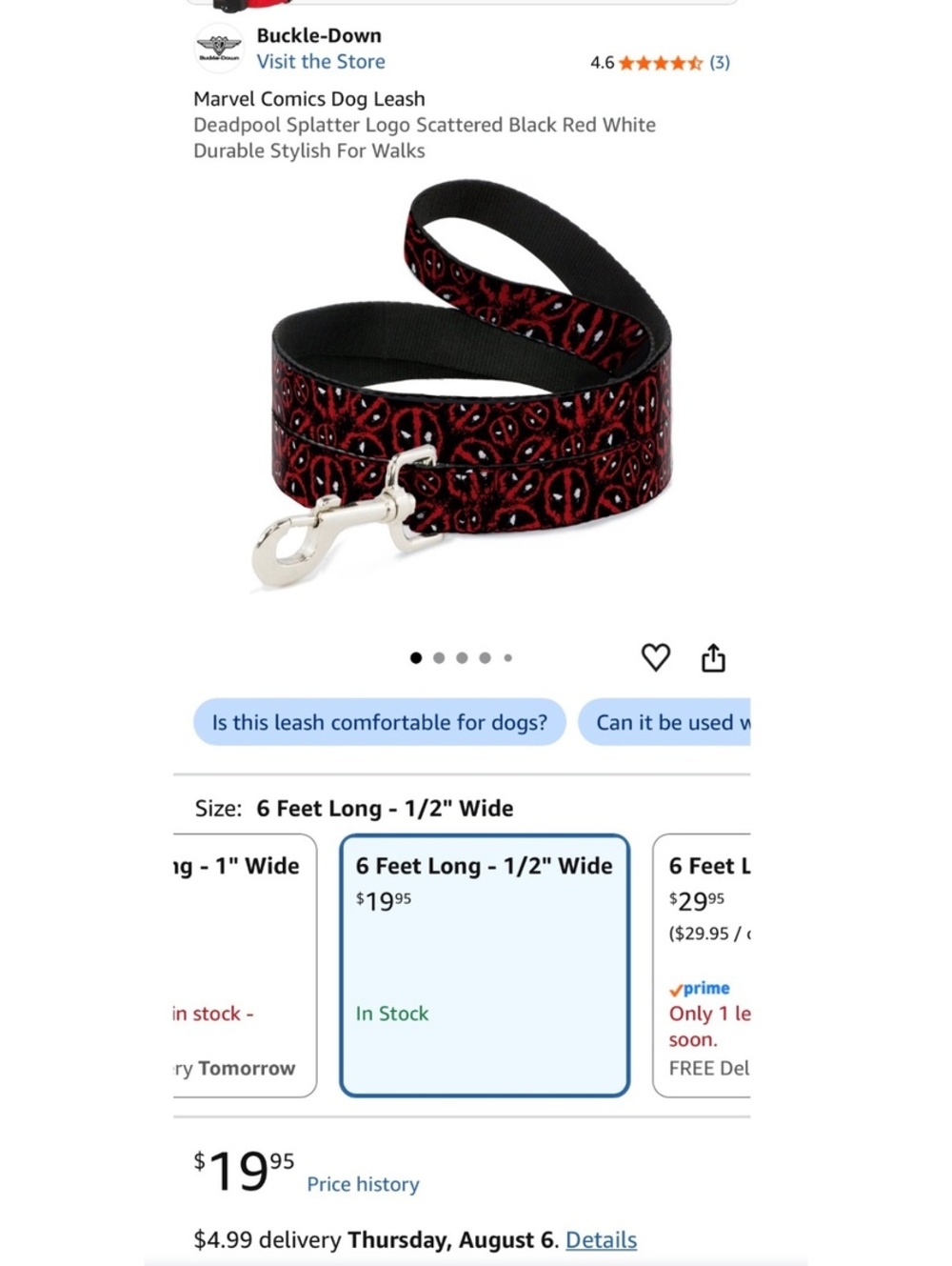 New Buckle-Down Marvel Comics Deadpool Splatter Logo Dog Leash - 6 Feet Long - Picture 4 of 4